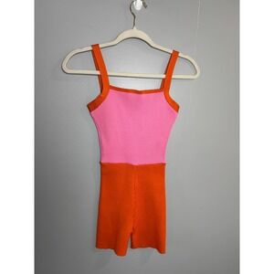 Zara Ribbed Knit Colorblock Spaghetti Strap Romper Shorts Pink Orange Size S